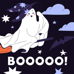 Happy Halloween card design with cute ghost in pointed hat. Helloween greeting template with baby spook flies on broom. Festive postcard with funny spirit in witch costume. Flat vector illustration