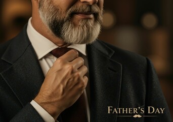 A man adjusts his tie. A stylish man with a beard buttoning his shirt collar. A concept for celebrating Father's Day or showing appreciation for a father figure.