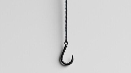 A black fishing hook hanging from a rope.