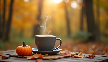 Autumn coffee pumpkin leaves fall season outdoor scene