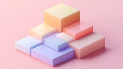 Obraz premium Geometric minimalist composition with cascading semi-transparent shapes in soft gradient transitions, rendered in modern 3D isometric style. Abstract background with clean lines and elegant design