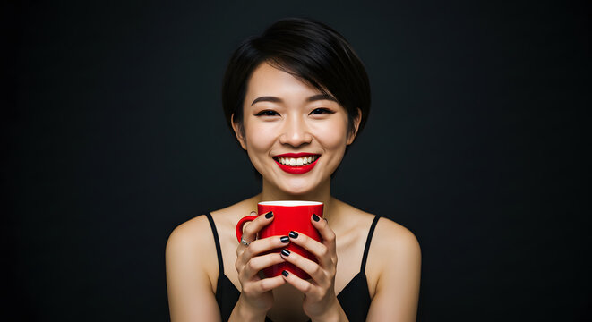 Smiling woman holds red mug