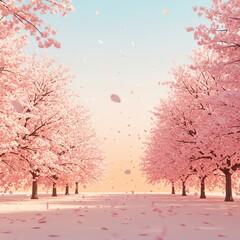 Cherry blossom trees with petals falling softly