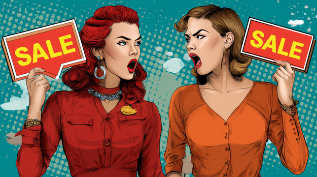 Woman announcing discount. Lady shouts protests. Pop art retro vector illustration comic cartoon kitsch vintage drawing