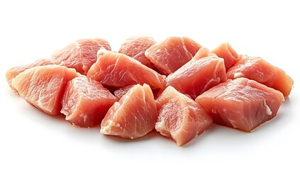 Raw meat cut into pieces and chicken on a white background.