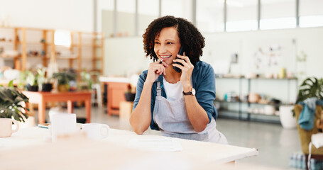 Phone call, thinking and woman in workshop for pottery inventory, sculpture idea or order clay...
