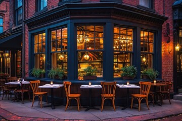 Fototapeta premium Charming Urban Brick Restaurant with Bay Windows and Outdoor Patio in Vibrant City Evening
