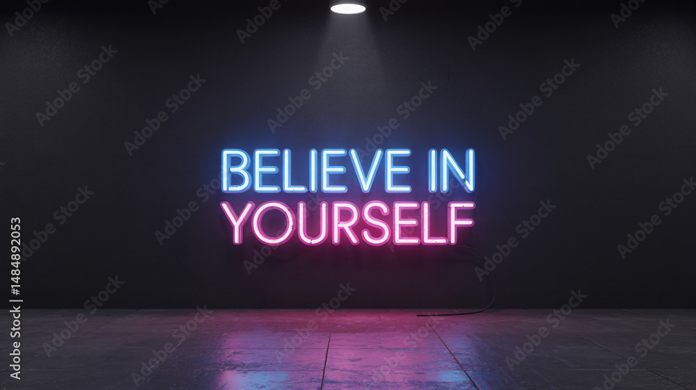 Poster bright neon sign displaying an inspirational message on a dark background simple positive sentiment
