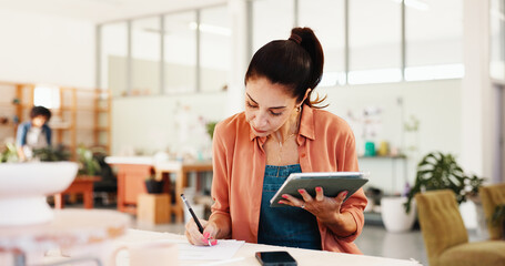 Potter, writing and woman with tablet in workshop for inventory management, pottery schedule and online order. Small business, owner and digital checklist for clay supply and sales tracking in studio