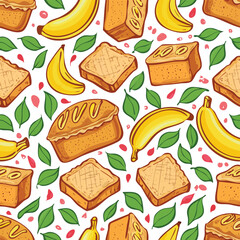 Banana Bread Vector Illustration with Seamless Pattern Design