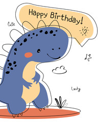 Dinosaur vector funny birthday card. Children's card with cute dinosaurs and text roar. Dino baby colorful illustration in naive style on white background