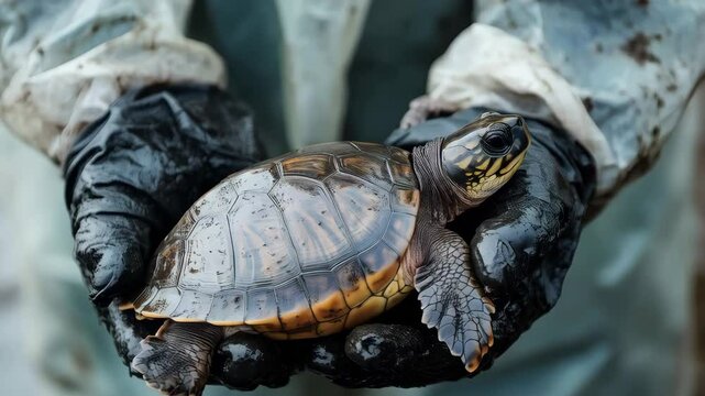 hands in a protective gloves holding a turtle from fuel oil
