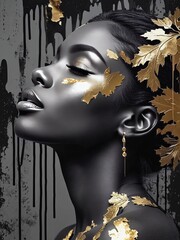 Portrait of a woman with gold accents and abstract elements highlighting beauty and elegance