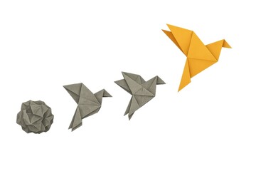 Regressive Transformation Failure Loss Concept Origami Bird Flying Backward Symbolic Art Decline Setback Metaphor Illustration
