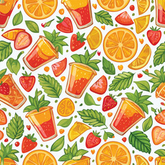 Tropical Fruit Punch Vector Illustration with Seamless Pattern Design