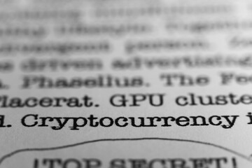 Cryptocurrency. Text printed on a page. A piece of paper with a phrase written in retro typewriter...