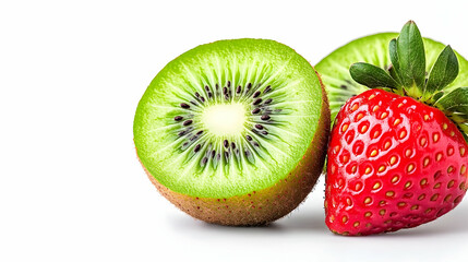Fresh, juicy slices of green kiwi and red strawberry, healthy tropical fruits, isolated on white, offer a natural and sweet dessert