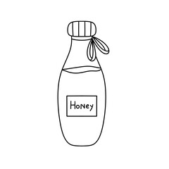 A bottle of honey is shown in a black and white drawing