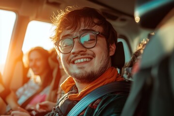 Young man with Down syndrome smiling while traveling