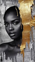 Portrait showcasing a woman with an abstract gold and monochrome background emphasizing beauty and elegance