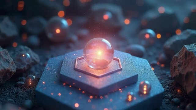 Abstract glowing orb on hexagonal platform surrounded by rocks  