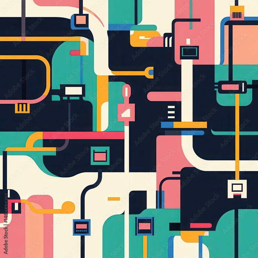 Poster a flat, colorful depiction of ethernet cables connecting multiple devices in a playful, abstract des