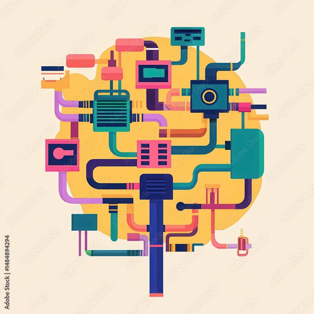 Poster a flat, colorful depiction of ethernet cables connecting multiple devices in a playful, abstract des