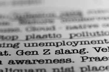 Gen Z slang. Text printed on a page. A piece of paper with a phrase written in retro typewriter font