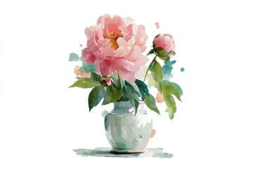 Delicate pink peony blossoms in a light blue vase.