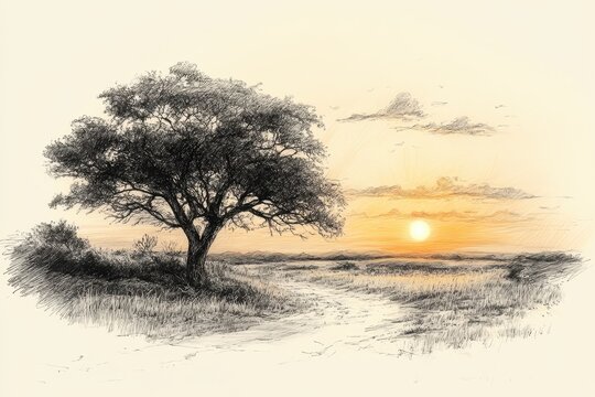 Sunset over open savanna with a prominent tree silhouette and gentle pathway winding through the landscape