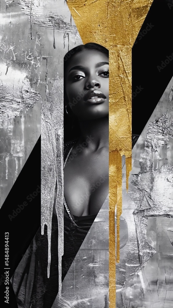 Poster intriguing portrait of elegance featuring a striking model against a gold and abstract backdrop