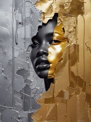 Portrait of an abstract face emerging from a shimmering gold and silver backdrop capturing unique beauty and depth at dusk