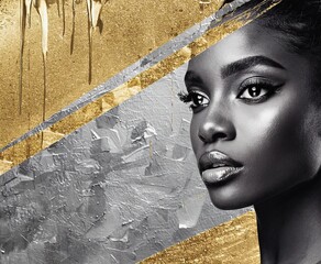 Elegant portrait showcasing abstract art with gold and silver elements highlighting a woman's striking features