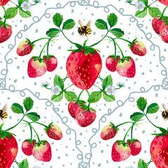 Seamless pattern of vintage strawberries, strawberry hand drawn watercolor on transparent background