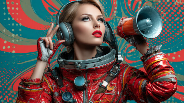 female astronaut is calling for a sale. Pop art retro vector illustration kitsch vintage drawing