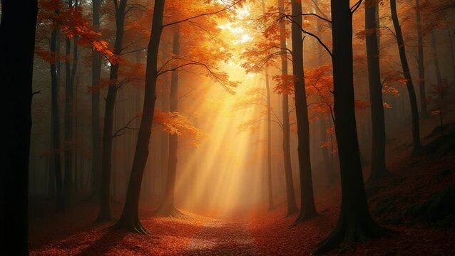 magic dark autumn forest scenery with rays of warm light