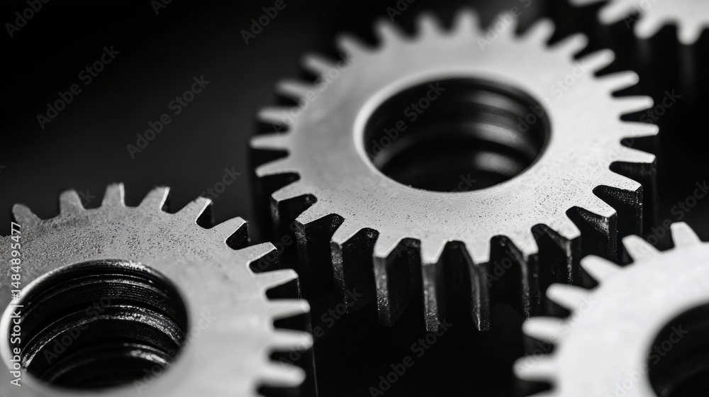 Poster a close-up view of a group of metallic gears, showcasing their intricate design and interlocking tee