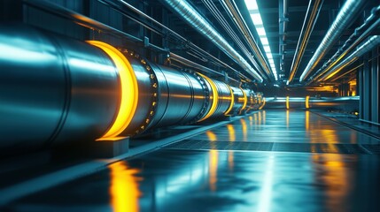 Fototapeta premium Interior view of a modern industrial power plant featuring large diameter pipelines and advanced energy technology