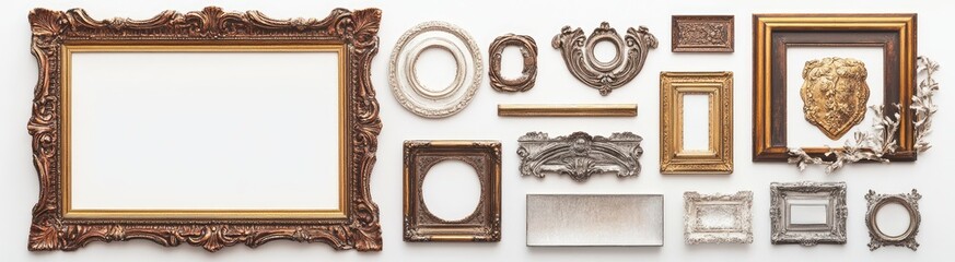 Assorted decorative picture frames in various shapes and sizes