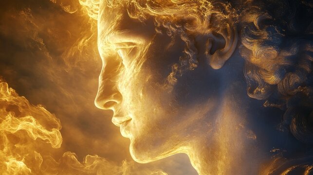 A celestial scene where Apollo, the Greek god of light and perfection, stands in divine radiance, his golden aura glowing with ethereal energy. His expression is one of quiet envy as he gazes at a mor