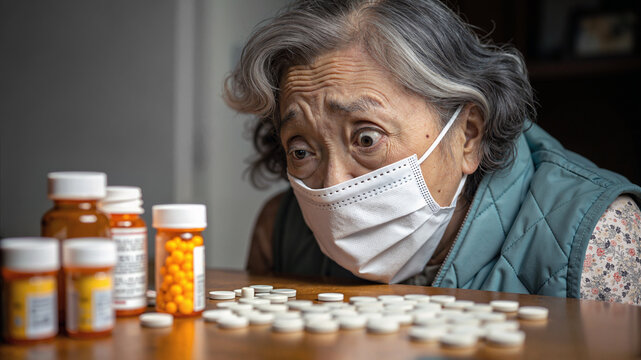 An elderly Asian woman wearing a mask looks anxious as she looks at multiple medicines