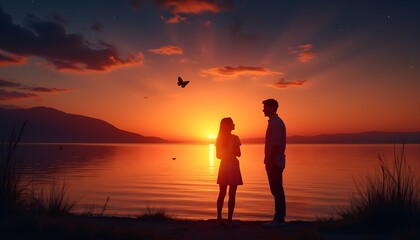 Fototapeta premium Couple sunset romance love romantic sky water silhouette