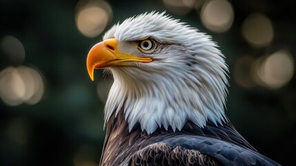 Obraz premium Majestic bald eagle portrait with sharp gaze against blurred forest background