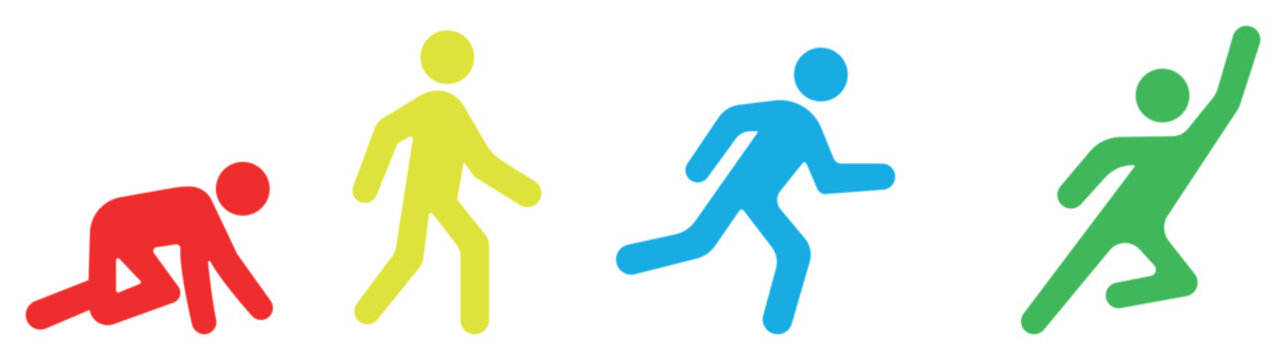 Symbol of improvment. Crawl, Walk, Run and Fly shapes in different colors. Vector illustration icon set isolated on white background.