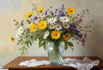 A vibrant bouquet of wildflowers sits in a glass vase on a wooden table, draped with a delicate lace cloth.