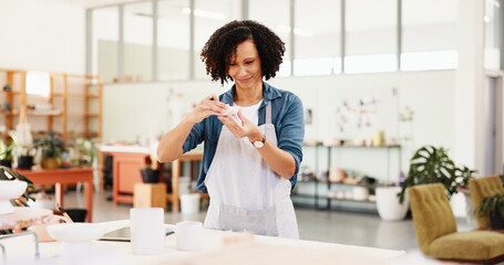 Woman, ceramics and sculpture with thinking at workshop for shape, quality assurance and color for...