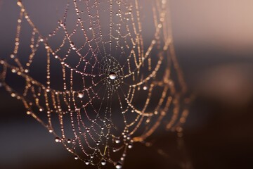 close-up of raindrops on spider web in early morning light