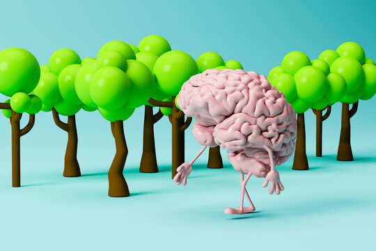 3D rendering of a brain walking in a whimsical forest setting representing mental health and wellbeing