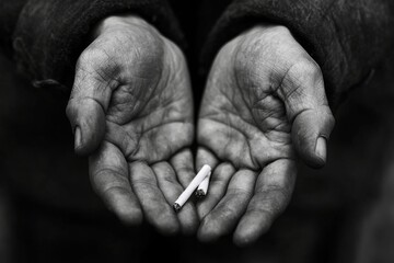 Close up of weathered hands holding two cigarettes in a black and white studio shot with dark background