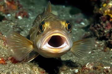 Obraz premium Fish looking at camera with mouth open underwater